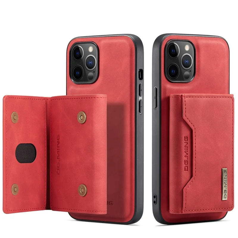 DG.MING M2 Series PU Leather Magnetic Tri-fold Wallet Phone Case with Kickstand for iPhone 12 / 12 Pro - Red