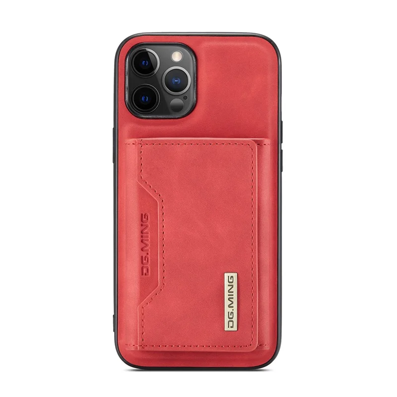 DG.MING M2 Series PU Leather Magnetic Tri-fold Wallet Phone Case with Kickstand for iPhone 12 / 12 Pro - Red