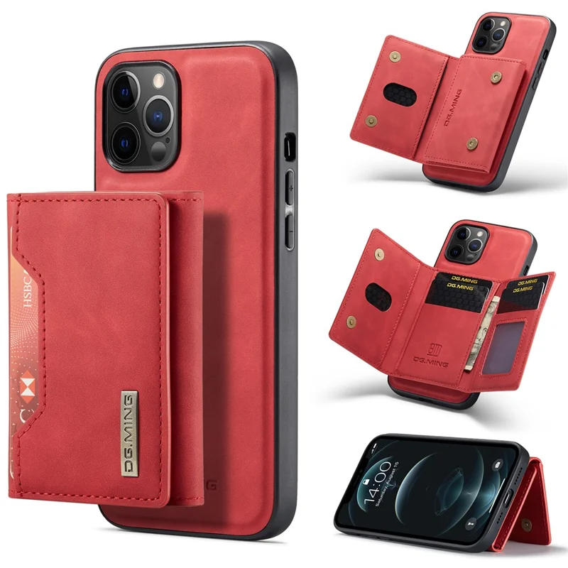DG.MING M2 Series PU Leather Magnetic Tri-fold Wallet Phone Case with Kickstand for iPhone 12 / 12 Pro - Red