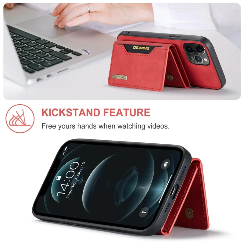 DG.MING M2 Series PU Leather Magnetic Tri-fold Wallet Phone Case with Kickstand for iPhone 12 / 12 Pro - Red
