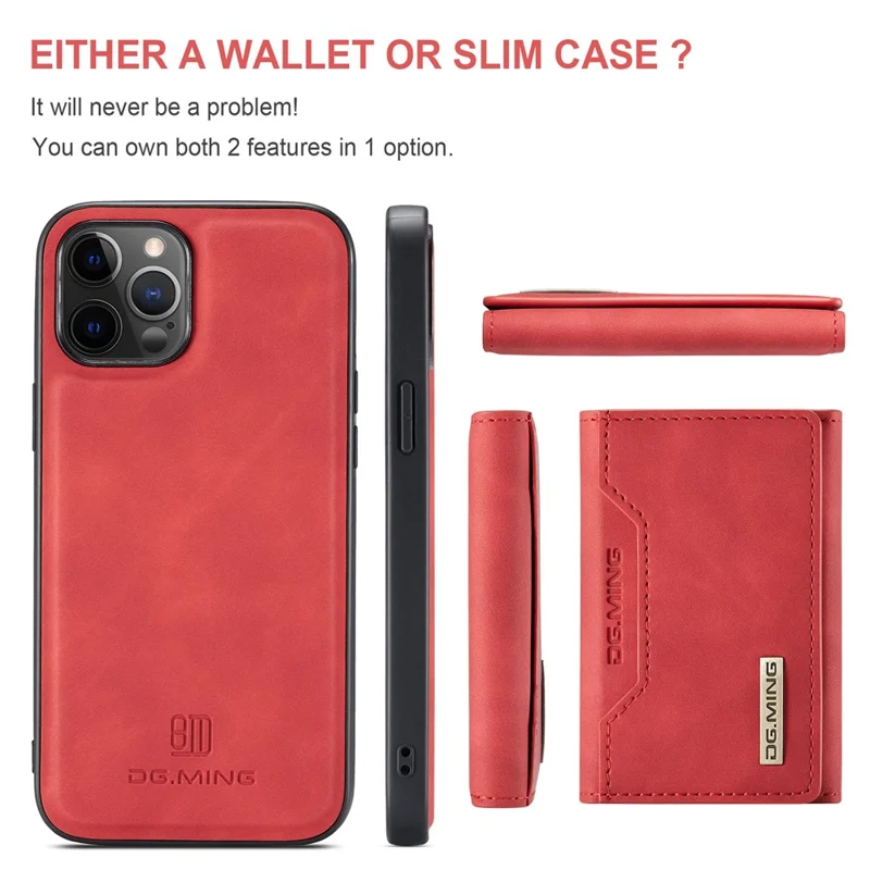 DG.MING M2 Series PU Leather Magnetic Tri-fold Wallet Phone Case with Kickstand for iPhone 12 / 12 Pro - Red