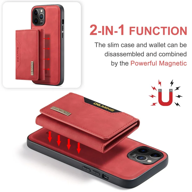 DG.MING M2 Series PU Leather Magnetic Tri-fold Wallet Phone Case with Kickstand for iPhone 12 / 12 Pro - Red