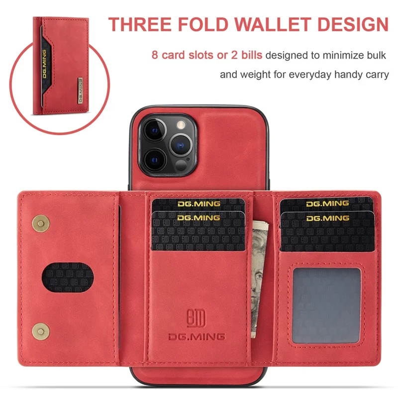 DG.MING M2 Series PU Leather Magnetic Tri-fold Wallet Phone Case with Kickstand for iPhone 12 / 12 Pro - Red