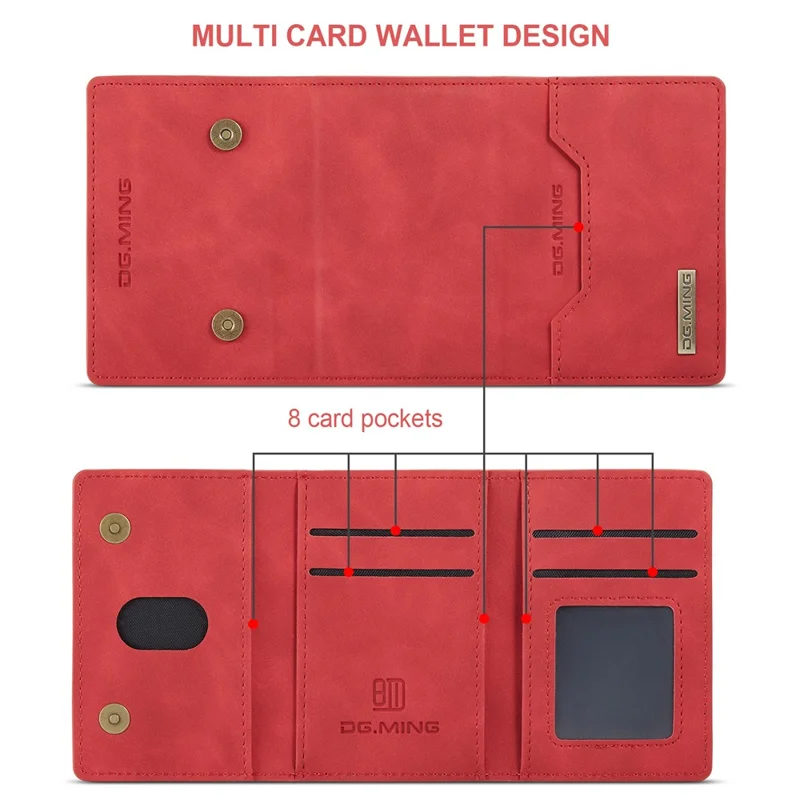 DG.MING M2 Series PU Leather Magnetic Tri-fold Wallet Phone Case with Kickstand for iPhone 12 / 12 Pro - Red