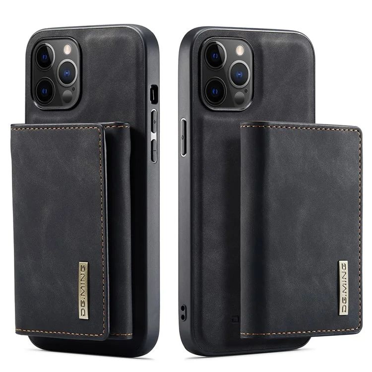 DG.MING M1 Series PU Leather Kickstand Protective Phone Case Shell with Magnetic Tri-fold Wallet for iPhone 12 Pro Max 6.7 inch - Black