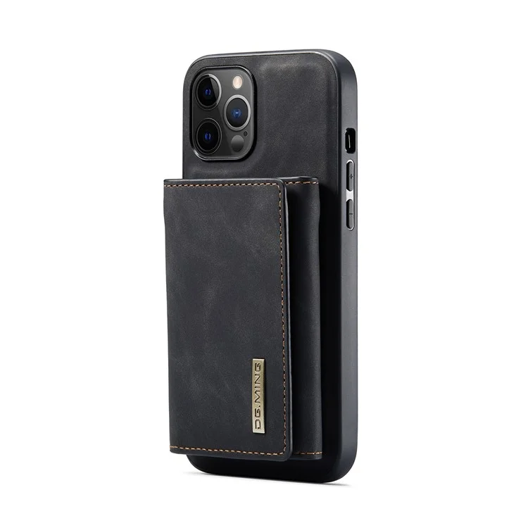 DG.MING M1 Series PU Leather Kickstand Protective Phone Case Shell with Magnetic Tri-fold Wallet for iPhone 12 Pro Max 6.7 inch - Black