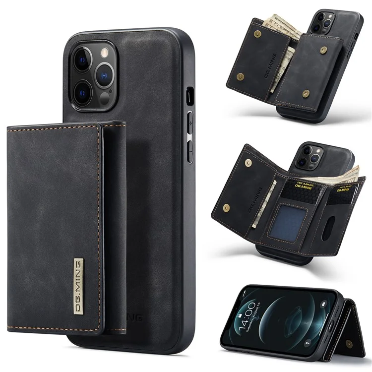 DG.MING M1 Series PU Leather Kickstand Protective Phone Case Shell with Magnetic Tri-fold Wallet for iPhone 12 Pro Max 6.7 inch - Black