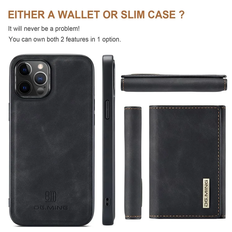DG.MING M1 Series PU Leather Kickstand Protective Phone Case Shell with Magnetic Tri-fold Wallet for iPhone 12 Pro Max 6.7 inch - Black