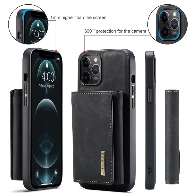 DG.MING M1 Series PU Leather Kickstand Protective Phone Case Shell with Magnetic Tri-fold Wallet for iPhone 12 Pro Max 6.7 inch - Black