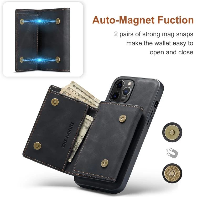 DG.MING M1 Series PU Leather Kickstand Protective Phone Case Shell with Magnetic Tri-fold Wallet for iPhone 12 Pro Max 6.7 inch - Black