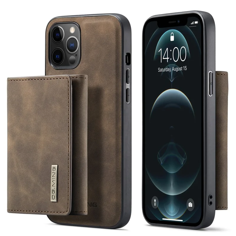 DG.MING M1 Series PU Leather Kickstand Protective Phone Case Shell with Magnetic Tri-fold Wallet for iPhone 12 Pro Max 6.7 inch - Coffee