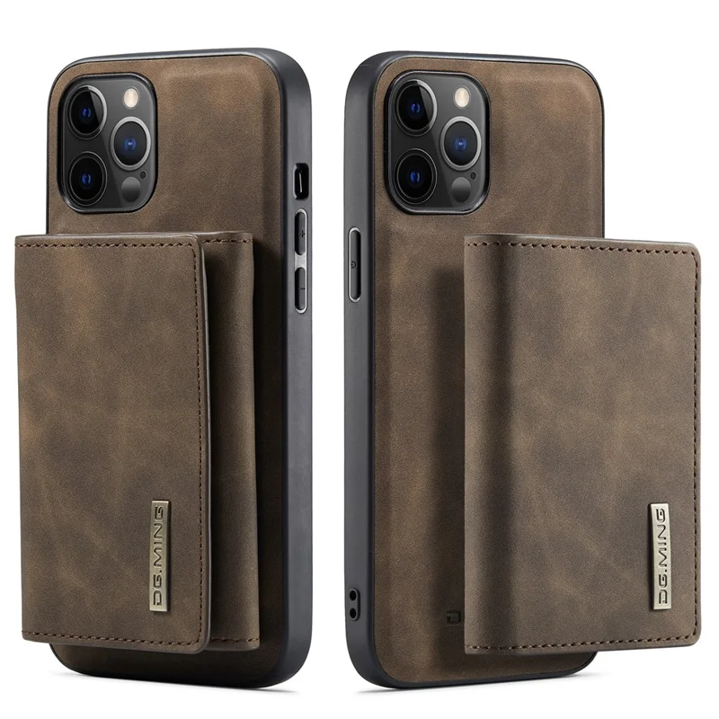 DG.MING M1 Series PU Leather Kickstand Protective Phone Case Shell with Magnetic Tri-fold Wallet for iPhone 12 Pro Max 6.7 inch - Coffee