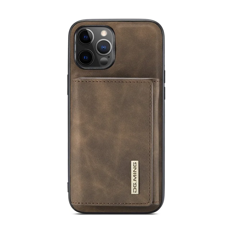 DG.MING M1 Series PU Leather Kickstand Protective Phone Case Shell with Magnetic Tri-fold Wallet for iPhone 12 Pro Max 6.7 inch - Coffee