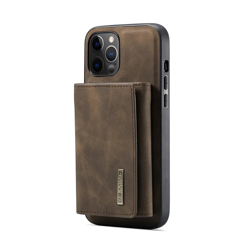 DG.MING M1 Series PU Leather Kickstand Protective Phone Case Shell with Magnetic Tri-fold Wallet for iPhone 12 Pro Max 6.7 inch - Coffee