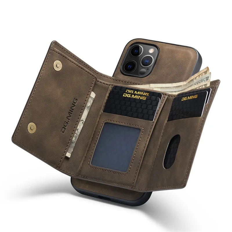DG.MING M1 Series PU Leather Kickstand Protective Phone Case Shell with Magnetic Tri-fold Wallet for iPhone 12 Pro Max 6.7 inch - Coffee