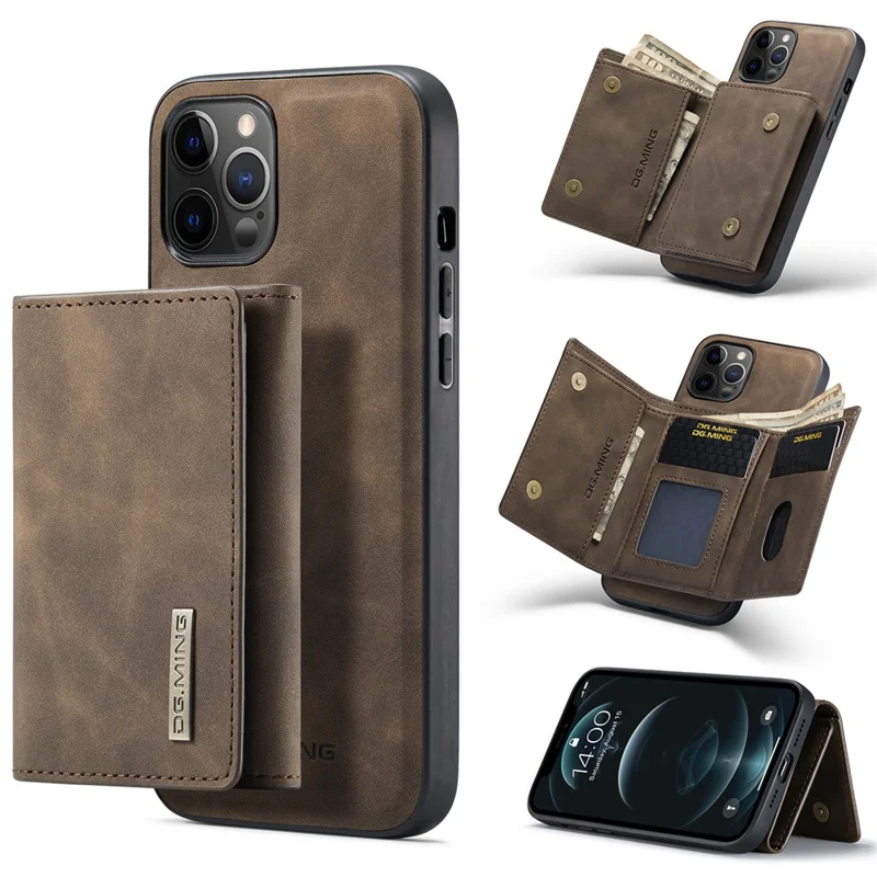 DG.MING M1 Series PU Leather Kickstand Protective Phone Case Shell with Magnetic Tri-fold Wallet for iPhone 12 Pro Max 6.7 inch - Coffee