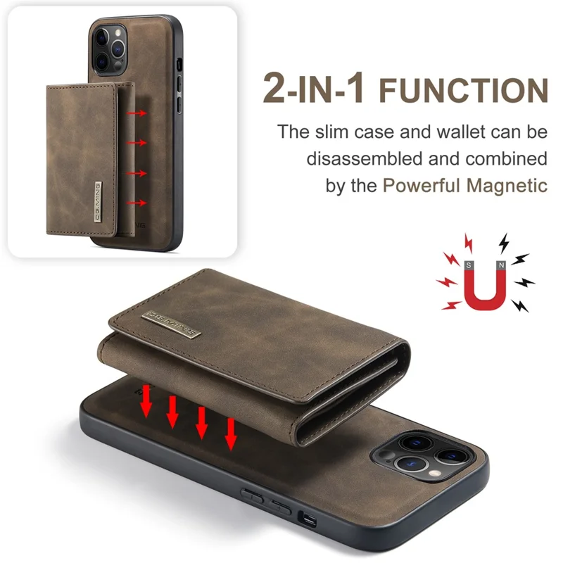 DG.MING M1 Series PU Leather Kickstand Protective Phone Case Shell with Magnetic Tri-fold Wallet for iPhone 12 Pro Max 6.7 inch - Coffee