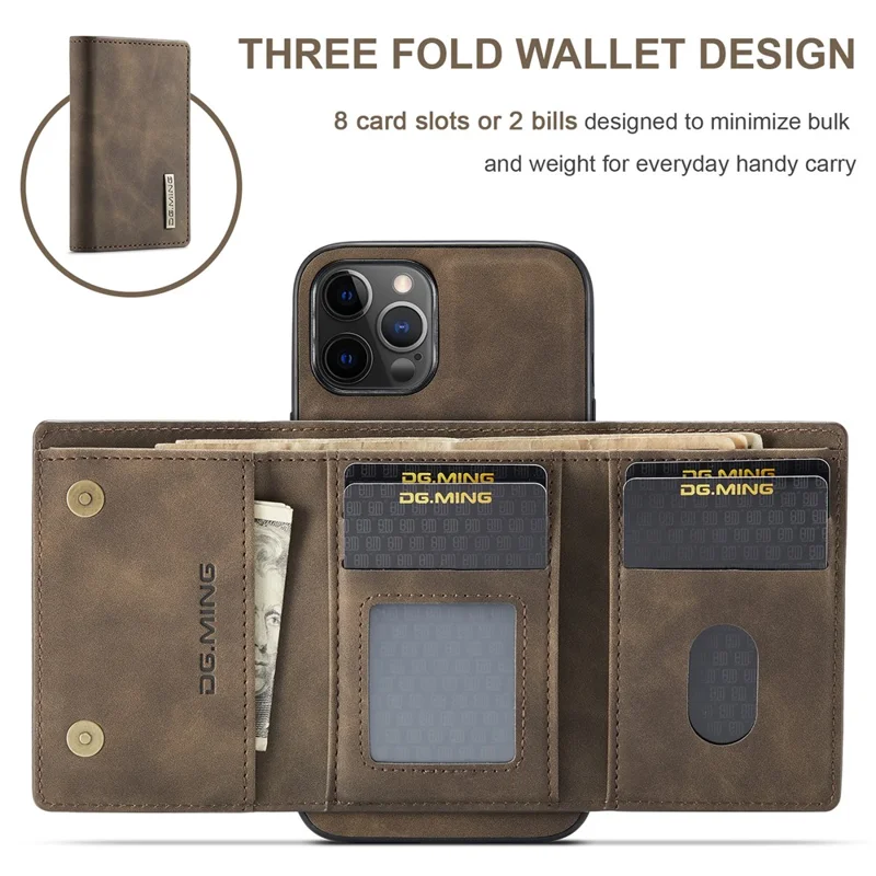 DG.MING M1 Series PU Leather Kickstand Protective Phone Case Shell with Magnetic Tri-fold Wallet for iPhone 12 Pro Max 6.7 inch - Coffee