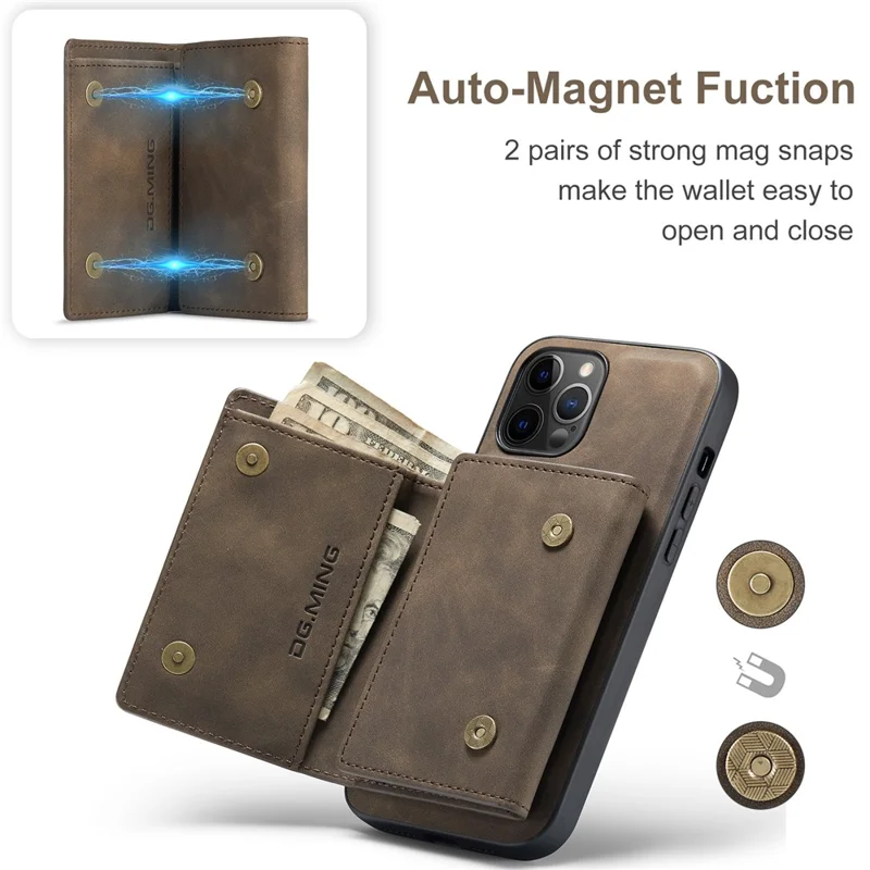 DG.MING M1 Series PU Leather Kickstand Protective Phone Case Shell with Magnetic Tri-fold Wallet for iPhone 12 Pro Max 6.7 inch - Coffee