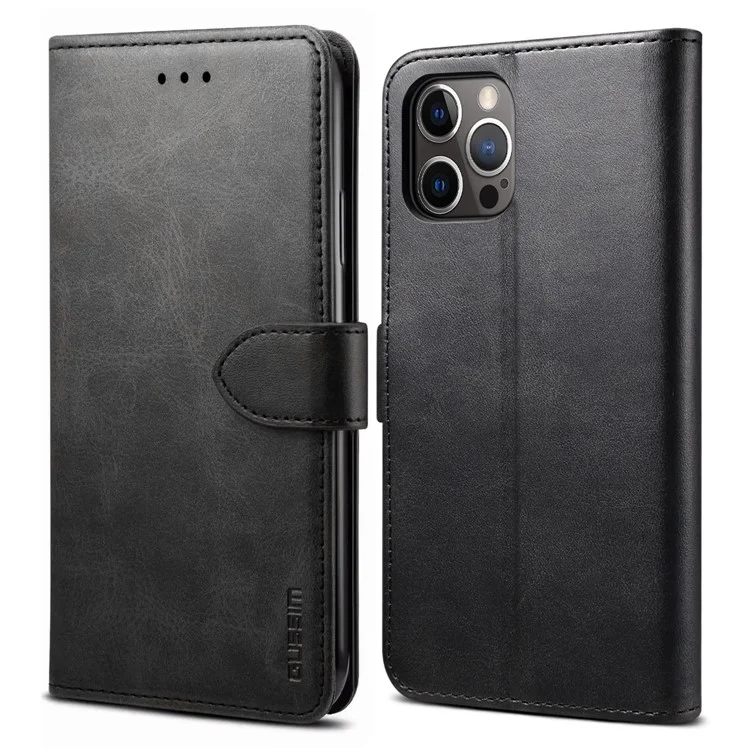 Gussim Magnetic Close Ferm Clasp Cuir Phone Portefeuille Support Pour Iphone 12 6,1 Pouces / 12 Pro 6.1 Pouces - le Noir