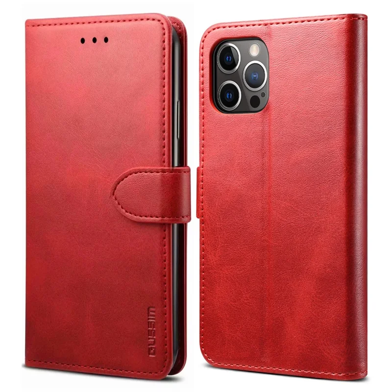 GUSSIM Magnetic Closure Clasp Leather Phone Wallet Stand Case for iPhone 12 6.1 inch/12 Pro 6.1 inch - Red