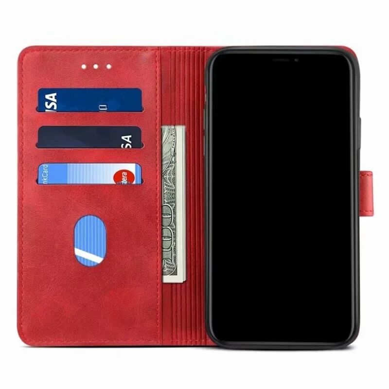 GUSSIM Magnetic Closure Clasp Leather Phone Wallet Stand Case for iPhone 12 6.1 inch/12 Pro 6.1 inch - Red