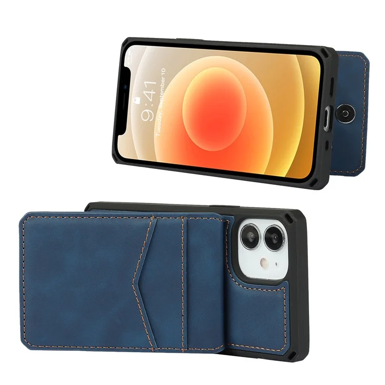 Skin-Touch PU Leather Coated TPU Vertical Flip Phone Case Cover with Kickstand and Card Slots for iPhone 12 mini 5.4 inch - Blue
