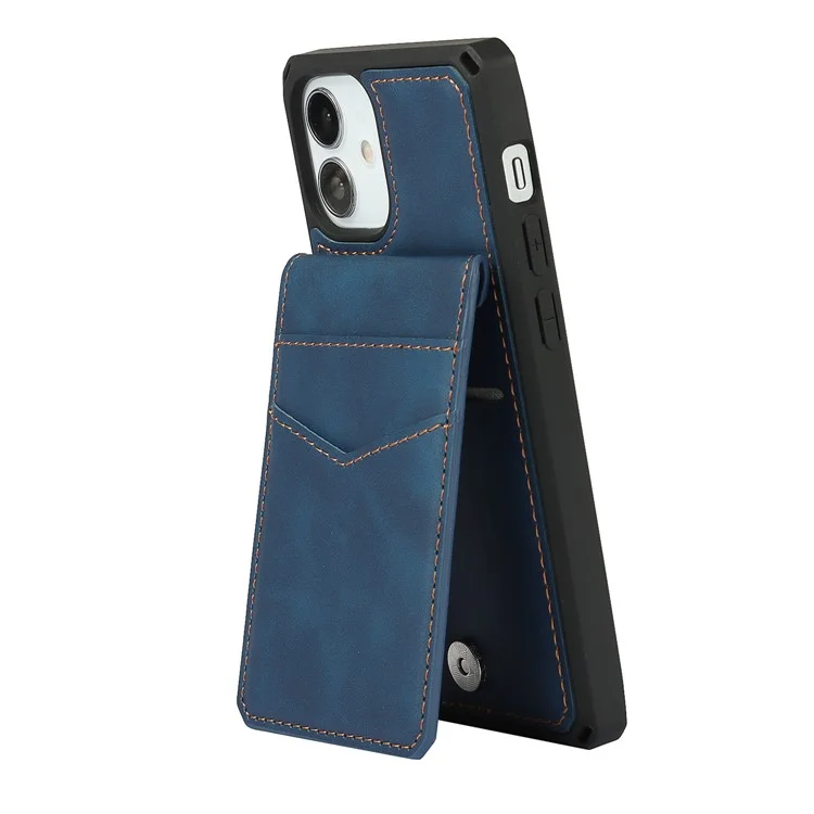 Skin-Touch PU Leather Coated TPU Vertical Flip Phone Case Cover with Kickstand and Card Slots for iPhone 12 mini 5.4 inch - Blue