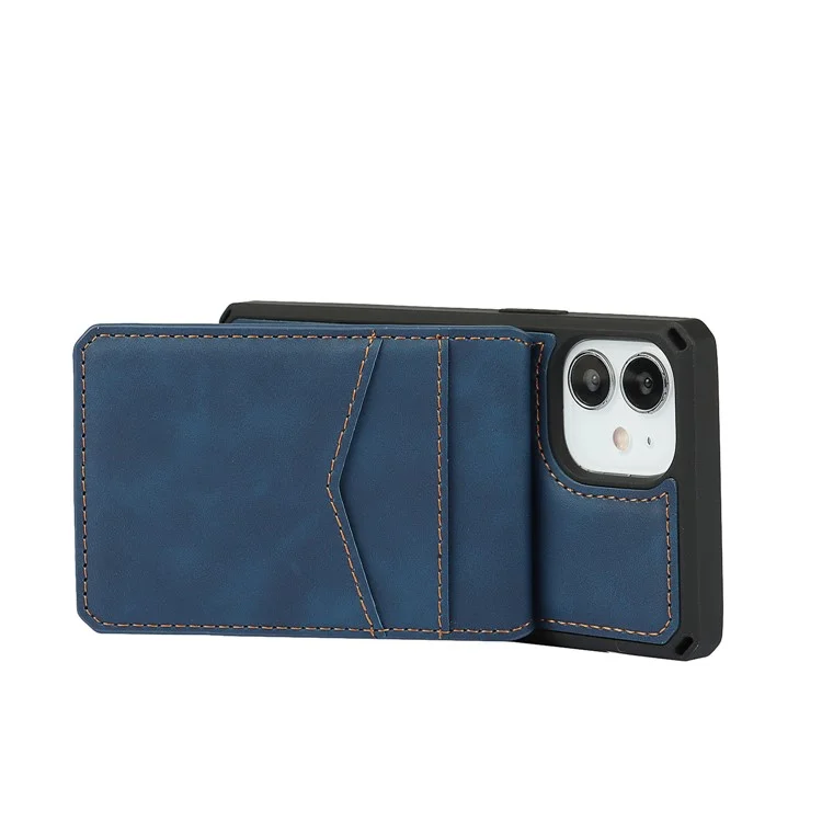 Skin-Touch PU Leather Coated TPU Vertical Flip Phone Case Cover with Kickstand and Card Slots for iPhone 12 mini 5.4 inch - Blue