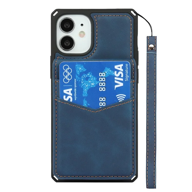Skin-Touch PU Leather Coated TPU Vertical Flip Phone Case Cover with Kickstand and Card Slots for iPhone 12 mini 5.4 inch - Blue