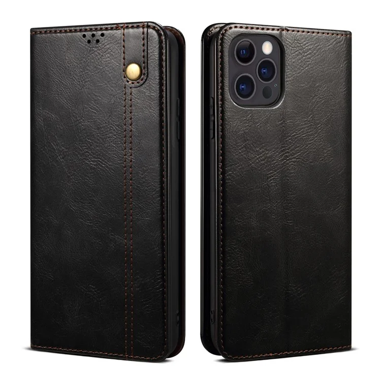 Wallet Design Oil-Waxy Leather Full Protection Phone Stand Case für iPhone 13 6.1 Zoll - Schwarz