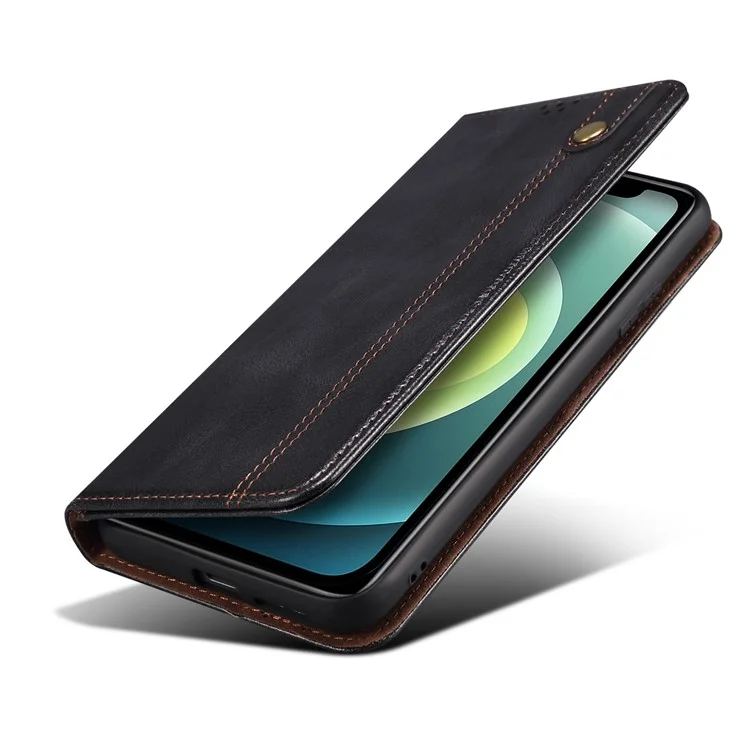 Wallet Design Oil-Waxy Leather Full Protection Phone Stand Case für iPhone 13 6.1 Zoll - Schwarz