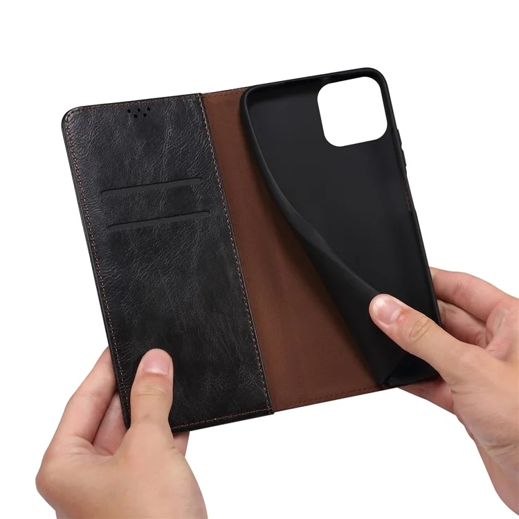 Wallet Design Oil-Waxy Leather Full Protection Phone Stand Case für iPhone 13 6.1 Zoll - Schwarz