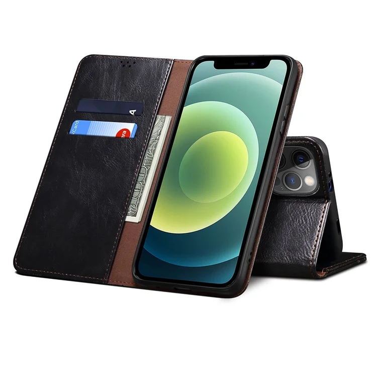 Wallet Design Oil-Waxy Leather Full Protection Phone Stand Case für iPhone 13 6.1 Zoll - Schwarz