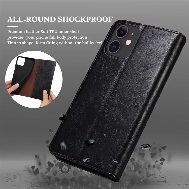 Wallet Design Oil-Waxy Leather Full Protection Phone Stand Case für iPhone 13 6.1 Zoll - Schwarz