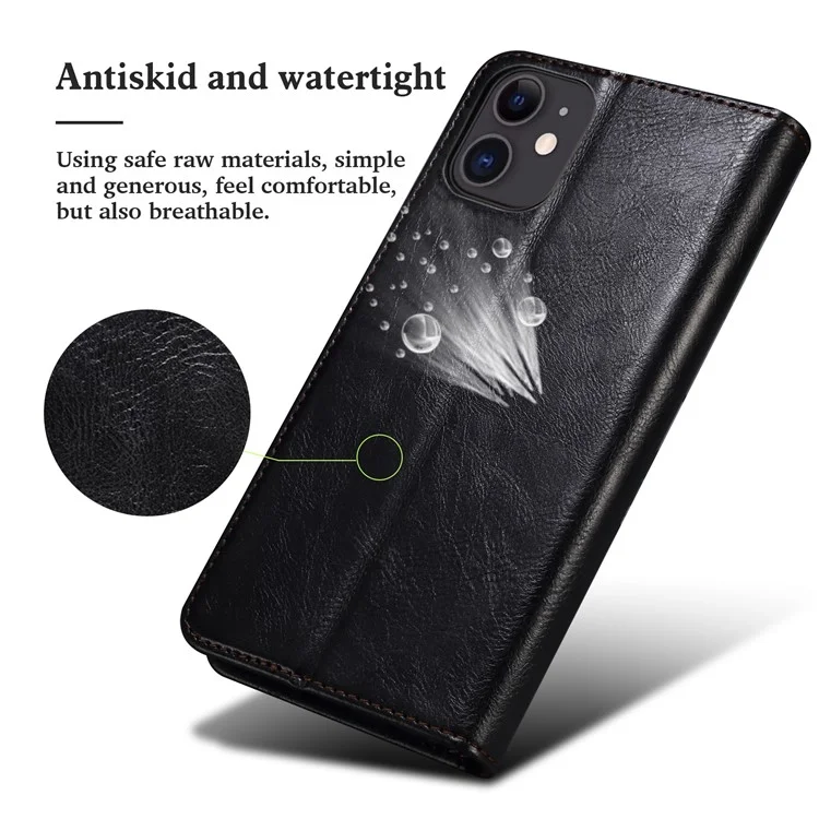 Wallet Design Oil-Waxy Leather Full Protection Phone Stand Case für iPhone 13 6.1 Zoll - Schwarz