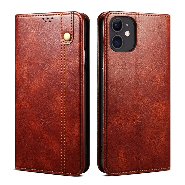 Full Protection Wallet Design Oil-Waxy Leather Phone Stand Case for iPhone 13 mini 5.4 inch - Brown