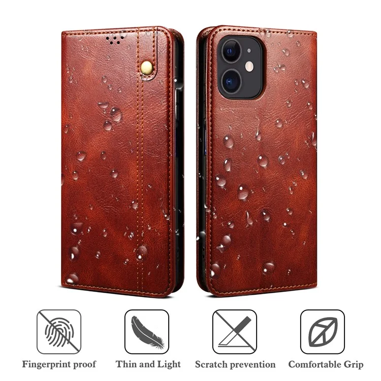 Full Protection Wallet Design Oil-Waxy Leather Phone Stand Case for iPhone 13 mini 5.4 inch - Brown