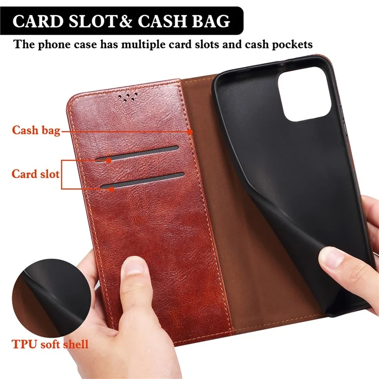 Full Protection Wallet Design Oil-Waxy Leather Phone Stand Case for iPhone 13 mini 5.4 inch - Brown