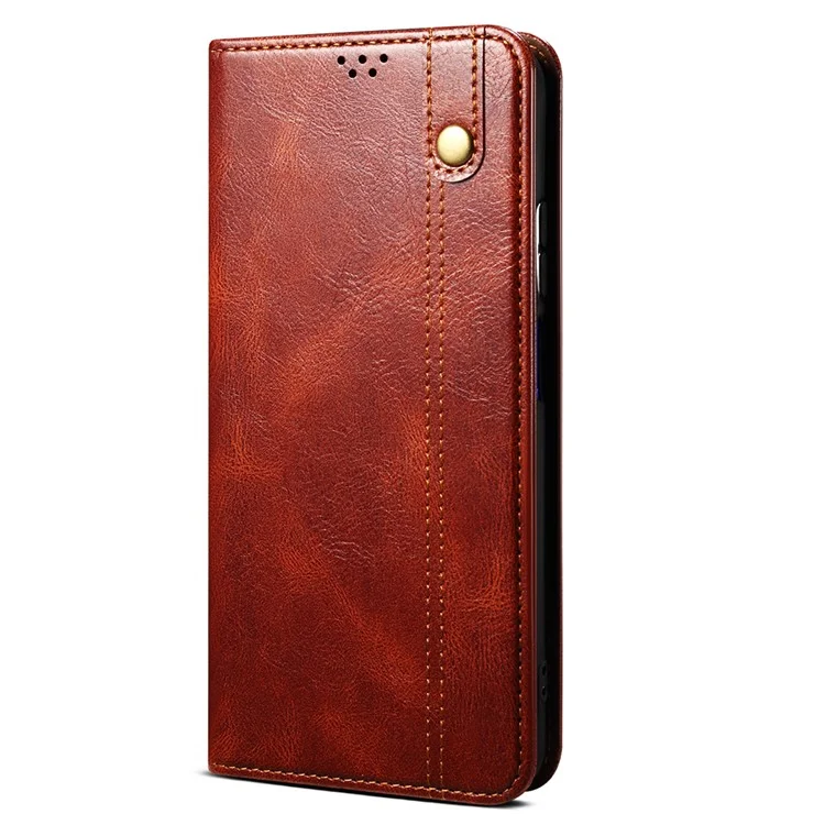 Full Protection Wallet Design Oil-Waxy Leather Phone Stand Case for iPhone 13 mini 5.4 inch - Brown