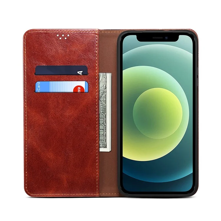 Full Protection Wallet Design Oil-Waxy Leather Phone Stand Case for iPhone 13 mini 5.4 inch - Brown