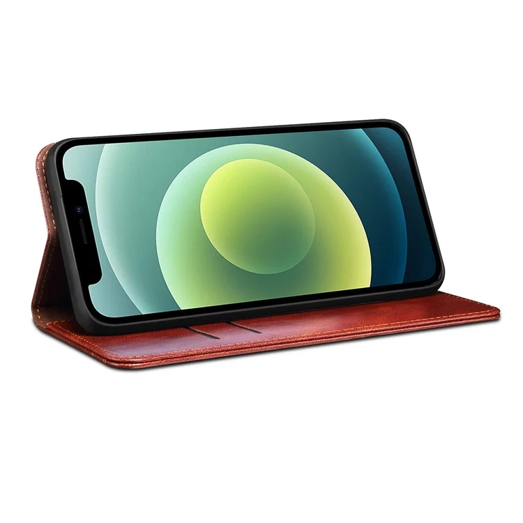 Full Protection Wallet Design Oil-Waxy Leather Phone Stand Case for iPhone 13 mini 5.4 inch - Brown