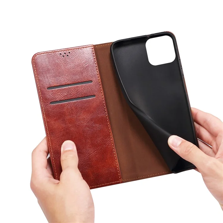 Full Protection Wallet Design Oil-Waxy Leather Phone Stand Case for iPhone 13 mini 5.4 inch - Brown