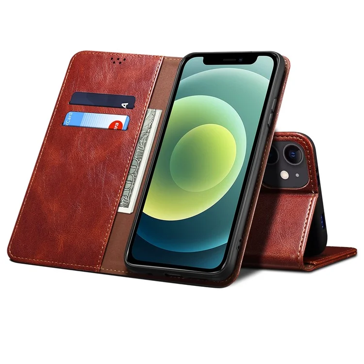 Full Protection Wallet Design Oil-Waxy Leather Phone Stand Case for iPhone 13 mini 5.4 inch - Brown