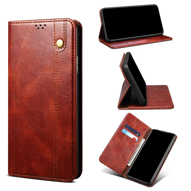 Full Protection Wallet Design Oil-Waxy Leather Phone Stand Case for iPhone 13 mini 5.4 inch - Brown
