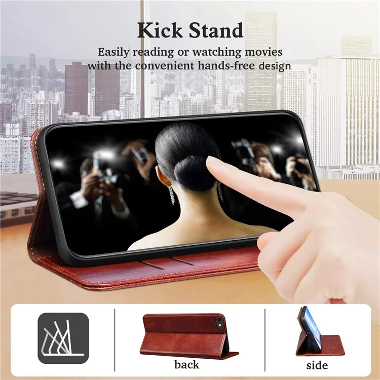 Full Protection Wallet Design Oil-Waxy Leather Phone Stand Case for iPhone 13 mini 5.4 inch - Brown