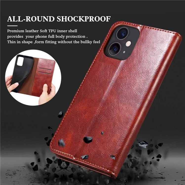Full Protection Wallet Design Oil-Waxy Leather Phone Stand Case for iPhone 13 mini 5.4 inch - Brown