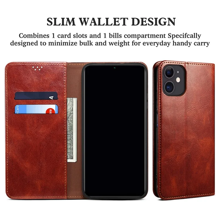 Full Protection Wallet Design Oil-Waxy Leather Phone Stand Case for iPhone 13 mini 5.4 inch - Brown