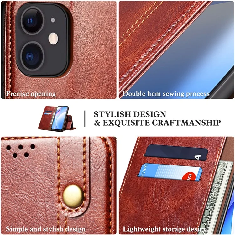 Full Protection Wallet Design Oil-Waxy Leather Phone Stand Case for iPhone 13 mini 5.4 inch - Brown