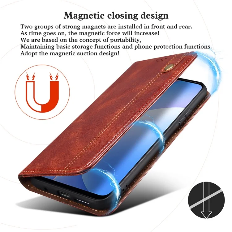 Full Protection Wallet Design Oil-Waxy Leather Phone Stand Case for iPhone 13 mini 5.4 inch - Brown